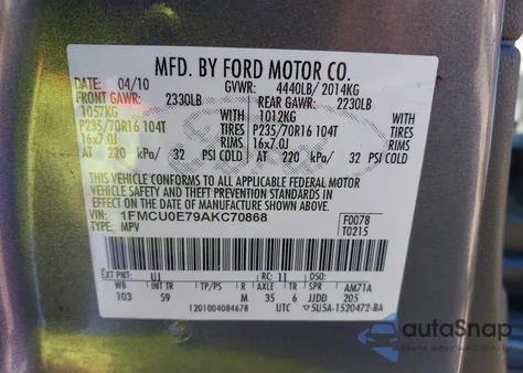 2010 Ford Escape Limited z USA, uszkodzony, nr VIN 1FMCU0E79AKC70868